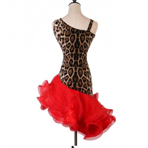 Brown leopard with red competition latin dance dresses for women girls irregular asymmetrical ruffles hem rumba salsa chacha latin performance dresses